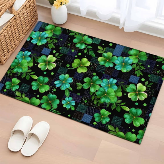 Entryway Rug 2'x3', St. Patrick's Day Small Rug for Kitchen Bathroom Door Mat Indoor Entrance, Green Lucky Clovers Shamrock Plaid Non-Slip Area Rugs Floor Mats Carpet Front Door Rugs