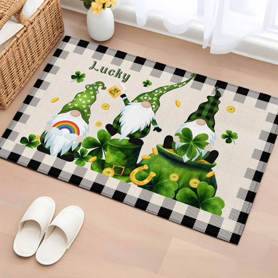 Entryway Rug 2'x3', St. Patrick's Day Small Rug for Kitchen Bathroom Door Mat Indoor Entrance, Green Shamrock Gnomes Gold Coin Beige Non-Slip Area Rugs Floor Mats Carpet Front Door Rugs