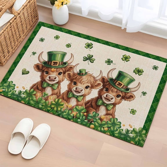 Entryway Rug 2'x3', St. Patrick's Day Small Rug for Kitchen Bathroom Door Mat Indoor Entrance, Green Shamrock Highland Cow Glod Coin Beige Non-Slip Area Rugs Floor Mats Carpet Front Door Rugs