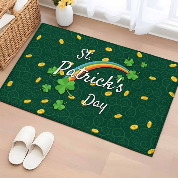Entryway Rug 2'x3', St. Patrick's Day Small Rug for Kitchen Bathroom Door Mat Indoor Entrance, Green Shamrock Rainbow Gold Coin Simple Non-Slip Area Rugs Floor Mats Carpet Front Door Rugs