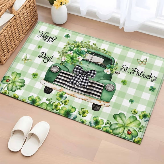 Entryway Rug 2'x3', St. Patrick's Day Small Rug for Kitchen Bathroom Door Mat Indoor Entrance, Green Truck Leaf Flowers Butterfly Plaid Non-Slip Area Rugs Floor Mats Carpet Front Door Rugs