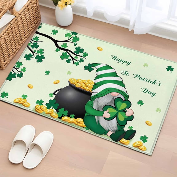 Entryway Rug 2'x3', St. Patrick's Day Small Rug for Kitchen Bathroom Door Mat Indoor Entrance, Light Green Gnomes Shamrock Tree Gold Coin Non-Slip Area Rugs Floor Mats Carpet Front Door Rugs