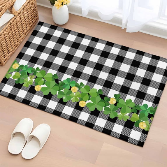 Entryway Rug 2'x3', St. Patrick's Day Small Rug for Kitchen Bathroom Door Mat Indoor Entrance, Lucky Shamrock Grasses Black White Plaid Non-Slip Area Rugs Floor Mats Carpet Front Door Rugs