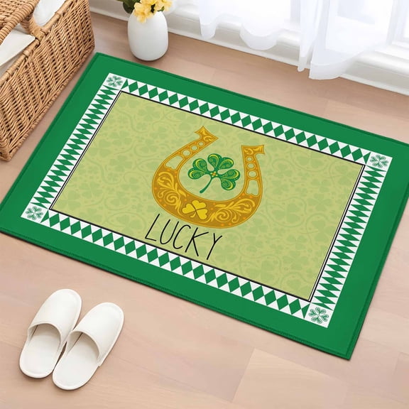 Entryway Rug 2'x3', St. Patrick's Day Small Rug for Kitchen Bathroom Door Mat Indoor Entrance, Lucky Shamrocks Golden Horseshoe Green Non-Slip Area Rugs Floor Mats Carpet Front Door Rugs