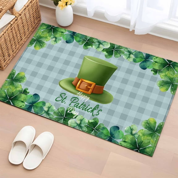 Entryway Rug 2'x3', St. Patrick's Day Small Rug for Kitchen Bathroom Door Mat Indoor Entrance, Spring Coin Green Clovers Blue Lattice Non-Slip Area Rugs Floor Mats Carpet Front Door Rugs