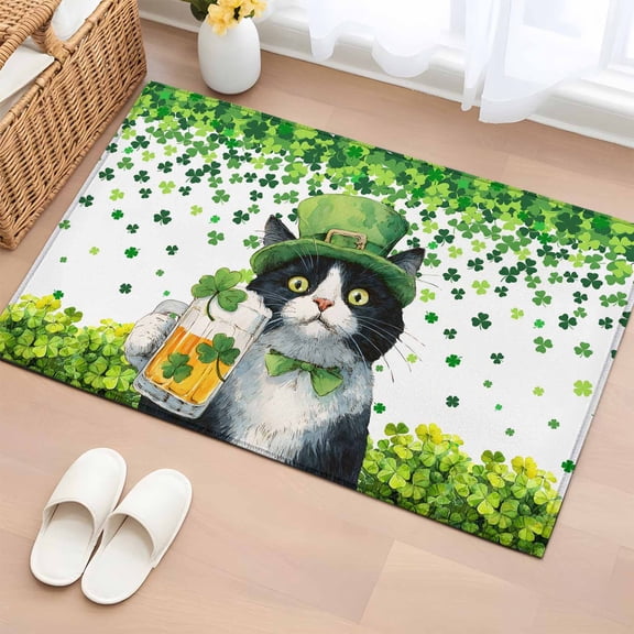 Entryway Rug 2'x3', St. Patrick's Day Small Rug for Kitchen Bathroom Door Mat Indoor Entrance, Spring Cute Cat Beer Green Clovers Non-Slip Area Rugs Floor Mats Carpet Front Door Rugs