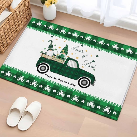 Entryway Rug 2'x3', St. Patrick's Day Small Rug for Kitchen Bathroom Door Mat Indoor Entrance, Spring Green Leaf Truck Gnomes Plaid Non-Slip Area Rugs Floor Mats Carpet Front Door Rugs