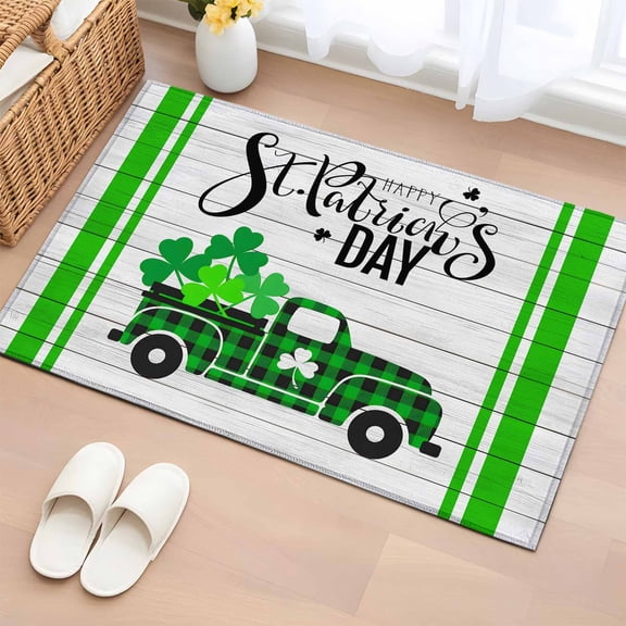 Entryway Rug 2'x3', St. Patrick's Day Small Rug for Kitchen Bathroom Door Mat Indoor Entrance, Spring Lucky Grass Truck Striped Wood Non-Slip Area Rugs Floor Mats Carpet Front Door Rugs