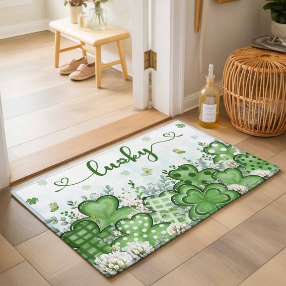Entryway Rug 2'x3', St. Patrick's Kitchen Runner Rugs Non-Slip Carpet Mats, Luck Shamrocks Eucalyptus Leaves Flowers Rustic Bedside Rugs Runners Washable Floor Carpet for Bathroom Laundry Room