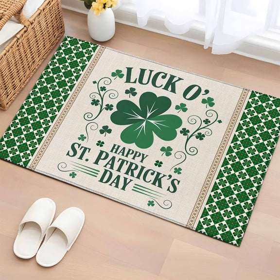 Entryway Rug 2'x3', St. Patrick's Small Rug for Kitchen Bathroom Door Mat Indoor Entrance, Lucky Shamrock Leaves Vintage Green Plaid Non-Slip Area Rugs Floor Mats Carpet Front Door Rugs