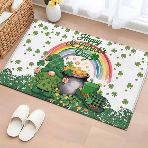 Entryway Rug 2'x3', St Patricks Day Small Rug for Kitchen Bathroom Door Mat Indoor Entrance, Green Shamrock Spring Rainbows Gnomes Non-Slip Area Rugs Floor Mats Carpet Front Door Rugs
