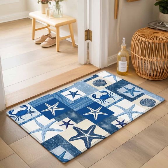 Entryway Rug 2'x3', Starfish Coastal Kitchen Runner Rugs Non-Slip Carpet Mats, Blue Shell Crab Nautical Summer Beach Ocean Bedside Rugs Runners Washable Floor Carpet for Bathroom Laundry Room