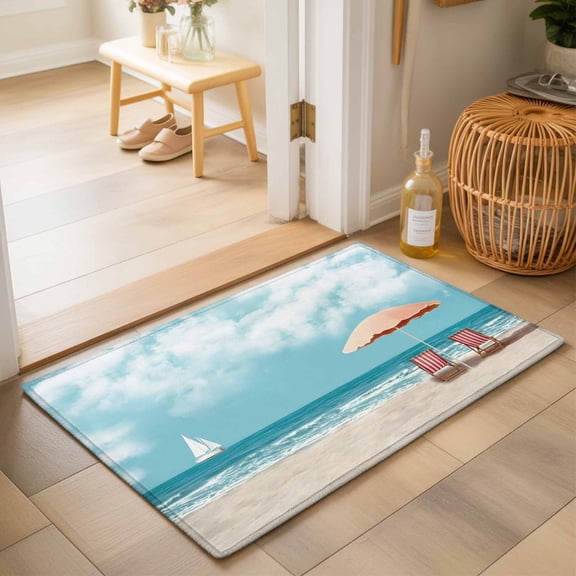 Entryway Rug 2'x3', Summer Beach Kitchen Runner Rugs Non-Slip Carpet Mats, Nautical Coastal Seaside Clouds Blue Sky Bedside Rugs Runners Washable Floor Carpet for Bathroom Laundry Room