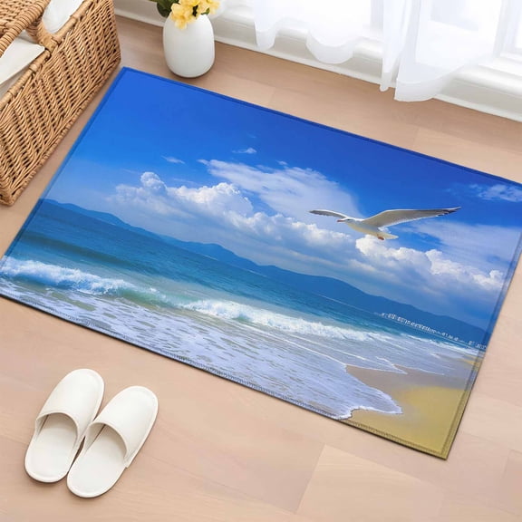 Entryway Rug 2'x3', Summer Beach Small Rug for Kitchen Bathroom Door Mat Indoor Entrance, Coastal Birds Blue Sky Non-Slip Area Rugs Floor Mats Carpet Front Door Rugs