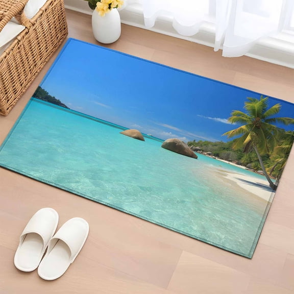 Entryway Rug 2'x3', Summer Beach Small Rug for Kitchen Bathroom Door Mat Indoor Entrance, Palm Tree Tropical Botanical Ocean Blue Sky Non-Slip Area Rugs Floor Mats Carpet Front Door Rugs