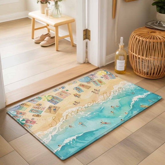Entryway Rug 2'x3', Summer Beach Time Kitchen Runner Rugs Non-Slip Carpet Mats, Ocean Waves Leisure Time Sandy Bedside Rugs Runners Washable Floor Carpet for Bathroom Laundry Room