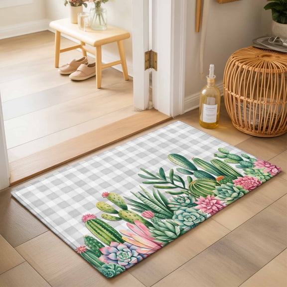 Entryway Rug 2'x3', Summer Botanical Kitchen Runner Rugs Non-Slip Carpet Mats, Tropical Cactus Succulents Gray Plaid Bedside Rugs Runners Washable Floor Carpet for Bathroom Laundry Room