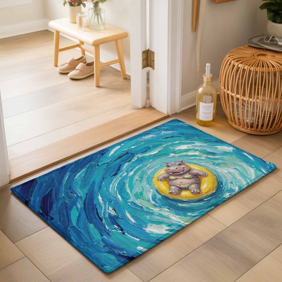 Entryway Rug 2'x3', Summer Hippo Kitchen Runner Rugs Non-Slip Carpet Mats, Blue Ocean Oil Painting Swimming Ring Bedside Rugs Runners Washable Floor Carpet for Bathroom Laundry Room