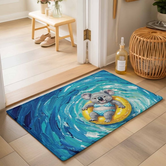 Entryway Rug 2'x3', Summer Koala Kitchen Runner Rugs Non-Slip Carpet Mats, Blue Ocean Oil Painting Swimming Ring Bedside Rugs Runners Washable Floor Carpet for Bathroom Laundry Room