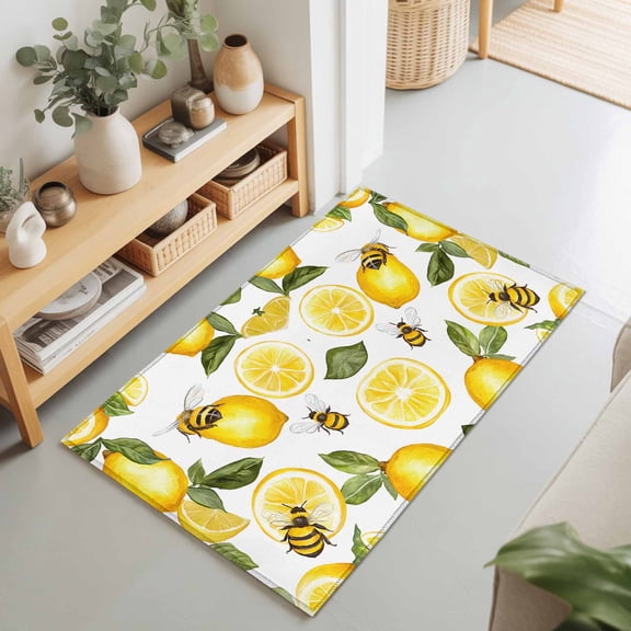 Entryway Rug 2'x3', Summer Lemon Kitchen Runner Rugs Non-Slip Carpet Mats, Bee Green Botanical Yellow Fruits Bedside Rugs Runners Washable Floor Carpet for Bathroom Laundry Room