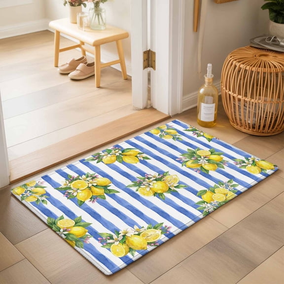 Entryway Rug 2'x3', Summer Lemons Kitchen Runner Rugs Non-Slip Carpet Mats, Modern Watercolor Fruit Flowers Blue Striped Bedside Rugs Runners Washable Floor Carpet for Bathroom Laundry Room