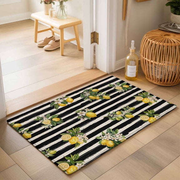 Entryway Rug 2'x3', Summer Lemons Kitchen Runner Rugs Non-Slip Carpet Mats, Vintage Fruits Flowers Black Striped Bedside Rugs Runners Washable Floor Carpet for Bathroom Laundry Room