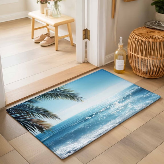 Entryway Rug 2'x3', Summer Palm Tree Kitchen Runner Rugs Non-Slip Carpet Mats, Coastal Beach Waves Sunshine Tropical Plants Bedside Rugs Runners Washable Floor Carpet for Bathroom Laundry Room