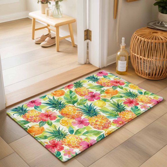 Entryway Rug 2'x3', Summer Pineapple Kitchen Runner Rugs Non-Slip Carpet Mats, Tropical Fruits Lemon Sage Green Plaid Bedside Rugs Runners Washable Floor Carpet for Bathroom Laundry Room