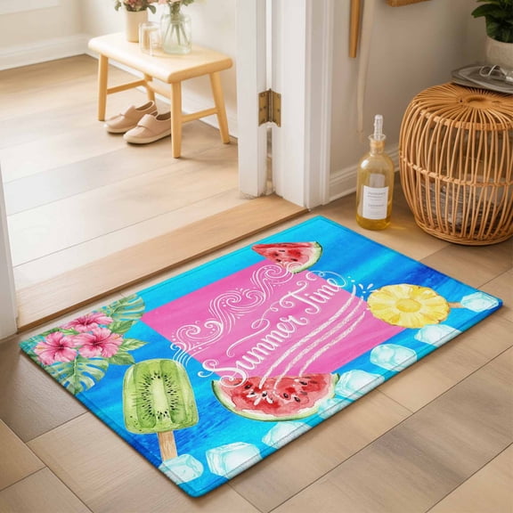 Entryway Rug 2'x3', Summer Time Kitchen Runner Rugs Non-Slip Carpet Mats, Watermelon Fruits Popsicles Flowers Ice Cubes Bedside Rugs Runners Washable Floor Carpet for Bathroom Laundry Room