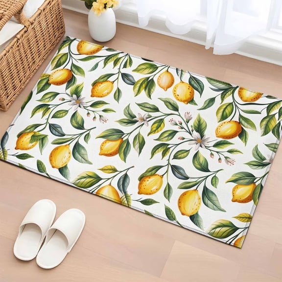 Entryway Rug 2'x3', Summer Yellow Lemons Small Rug for Kitchen Bathroom Door Mat Indoor Entrance, Green Leaves Flowers Country Plants Non-Slip Area Rugs Floor Mats Carpet Front Door Rugs