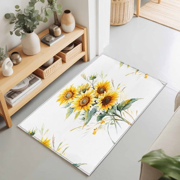 Entryway Rug 2'x3', Sunflower Kitchen Runner Rugs Non-Slip Carpet Mats, Spring Yellow Botanical Vintage Floral Bedside Rugs Runners Washable Floor Carpet for Bathroom Laundry Room
