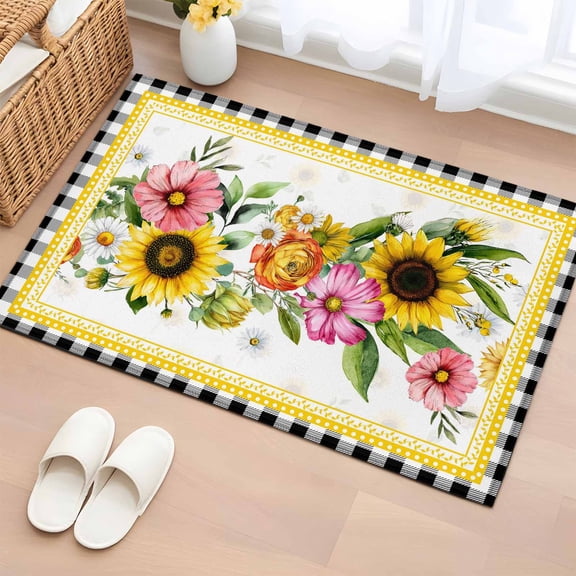 Entryway Rug 2'x3', Sunflower Small Rug for Kitchen Bathroom Door Mat Indoor Entrance, Pink Yellow Floral Elegant Pastoral Botanical Non-Slip Area Rugs Floor Mats Carpet Front Door Rugs