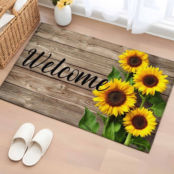 Entryway Rug 2'x3', Sunflower Welcome Small Rug for Kitchen Bathroom Door Mat Indoor Entrance, Farmhouse Brown Wood Grain Rustic Non-Slip Area Rugs Floor Mats Carpet Front Door Rugs