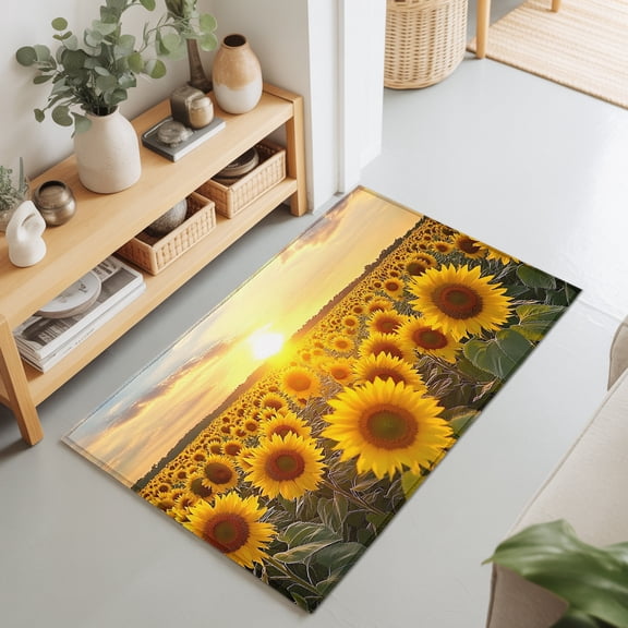 Entryway Rug 2'x3', Sunflowers Kitchen Runner Rugs Non-Slip Carpet Mats, Farmhouse Natural Botanical Sunset Scenery Bedside Rugs Runners Washable Floor Carpet for Bathroom Laundry Room