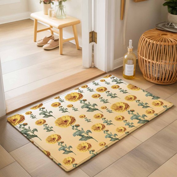 Entryway Rug 2'x3', Sunflowers Kitchen Runner Rugs Non-Slip Carpet Mats, Spring Yellow Botanical Flowers Floral Bedside Rugs Runners Washable Floor Carpet for Bathroom Laundry Room