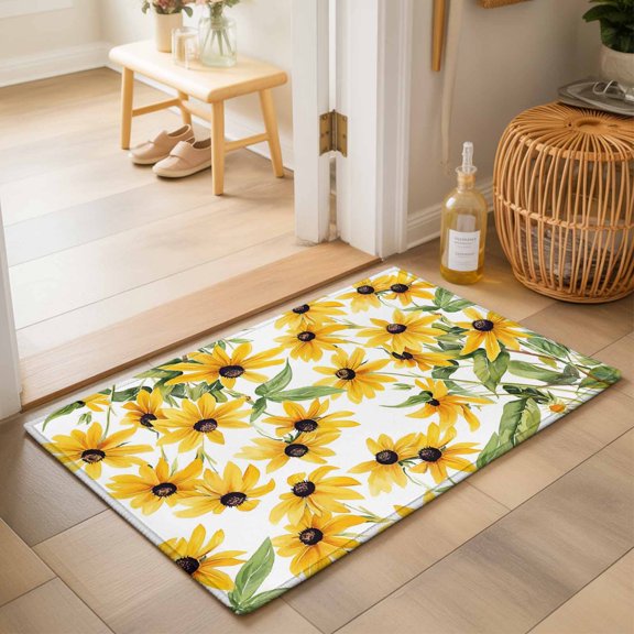 Entryway Rug 2'x3', Sunflowers Kitchen Runner Rugs Non-Slip Carpet Mats, Yellow Botanical Floral Green Leaf Bedside Rugs Runners Washable Floor Carpet for Bathroom Laundry Room