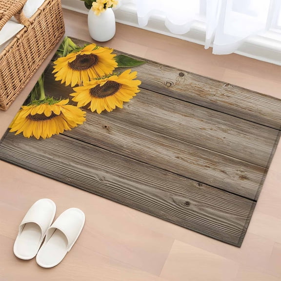 Entryway Rug 2'x3', Sunflowers Small Rug for Kitchen Bathroom Door Mat Indoor Entrance, Farmhouse Country Floral Vintage Wooden Grain Non-Slip Area Rugs Floor Mats Carpet Front Door Rugs