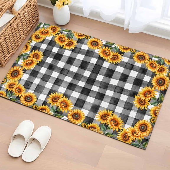 Entryway Rug 2'x3', Sunflowers Small Rug for Kitchen Bathroom Door Mat Indoor Entrance, Farmhouse Summer Floral Black White Plaid Non-Slip Area Rugs Floor Mats Carpet Front Door Rugs