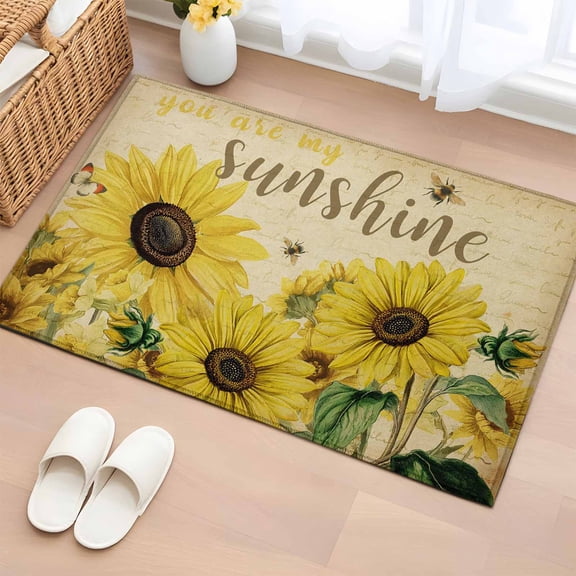 Entryway Rug 2'x3', Sunflowers Small Rug for Kitchen Bathroom Door Mat Indoor Entrance, Retro Spring Botanical Blossom Flowers Bees Non-Slip Area Rugs Floor Mats Carpet Front Door Rugs