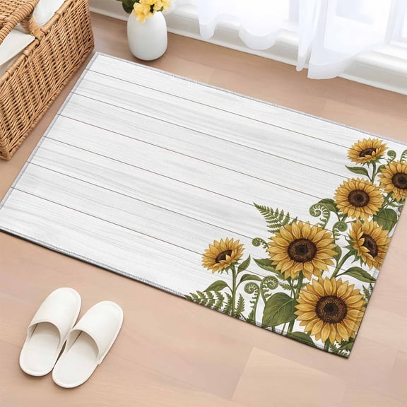 Entryway Rug 2'x3', Sunflowers Small Rug for Kitchen Bathroom Door Mat Indoor Entrance, Wooden Summer Botanical Floral Watercolor Non-Slip Area Rugs Floor Mats Carpet Front Door Rugs