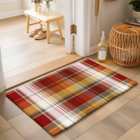 Entryway Rug 2'x3', Tartan Plaid Kitchen Runner Rugs Non-Slip Carpet Mats, Orange Red Autumn Gingham Vintage Check Bedside Rugs Runners Washable Floor Carpet for Bathroom Laundry Room