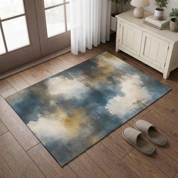Entryway Rug 2'x3', Teal Beige Ombre Kitchen Runner Rugs Non-Slip Carpet Mats, Art Vintage Abstract Clouds Bedside Rugs Runners Washable Floor Carpet for Bathroom Laundry Room