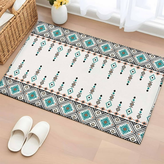 Entryway Rug 2'x3', Teal Black Boho Small Rug for Kitchen Bathroom Door Mat Indoor Entrance, Vintage Ethnic Tribe Abstract Art Retro Non-Slip Area Rugs Floor Mats Carpet Front Door Rugs