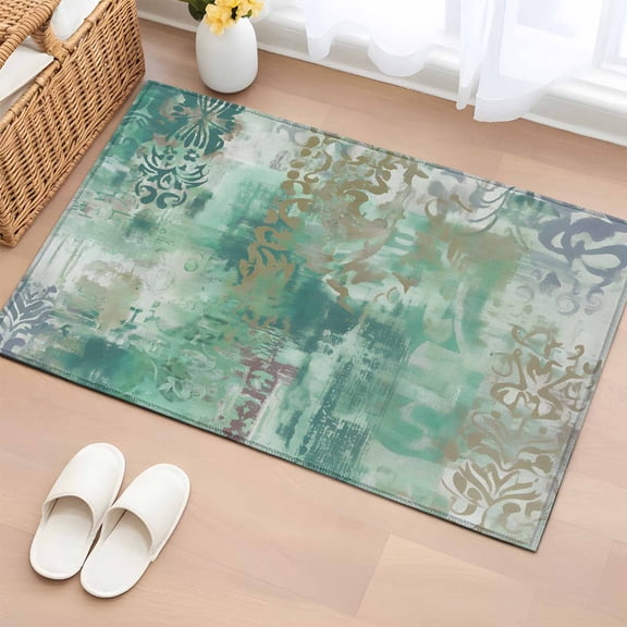 Entryway Rug 2'x3', Teal Blue Boho Small Rug for Kitchen Bathroom Door Mat Indoor Entrance, Vintage Ethnic Tribe Abstract Art Non-Slip Area Rugs Floor Mats Carpet Front Door Rugs