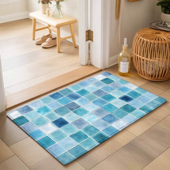 Entryway Rug 2'x3', Teal Blue Checkered Kitchen Runner Rugs Non-Slip Carpet Mats, Farmhouse Plaid Buffalo Elegant Geometric Bedside Rugs Runners Washable Floor Carpet for Bathroom Laundry Room
