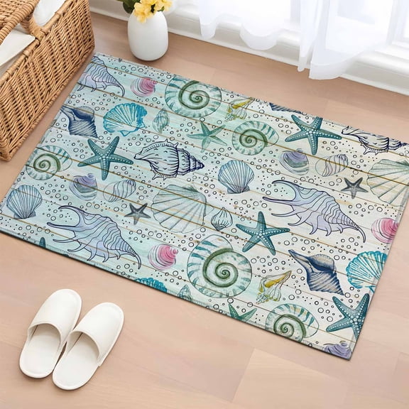 Entryway Rug 2'x3', Teal Blue Coastal Small Rug for Kitchen Bathroom Door Mat Indoor Entrance, Nautical Starfish Shells Ocean Sea Non-Slip Area Rugs Floor Mats Carpet Front Door Rugs