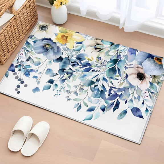 Entryway Rug 2'x3', Teal Blue Eucalyptus Small Rug for Kitchen Bathroom Door Mat Indoor Entrance, Spring Garden Floral Leaves Botanical Non-Slip Area Rugs Floor Mats Carpet Front Door Rugs