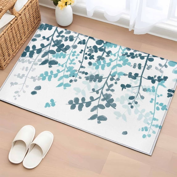 Entryway Rug 2'x3', Teal Blue Leaves Small Rug for Kitchen Bathroom Door Mat Indoor Entrance, Summer Botanical Non-Slip Area Rugs Floor Mats Carpet Front Door Rugs