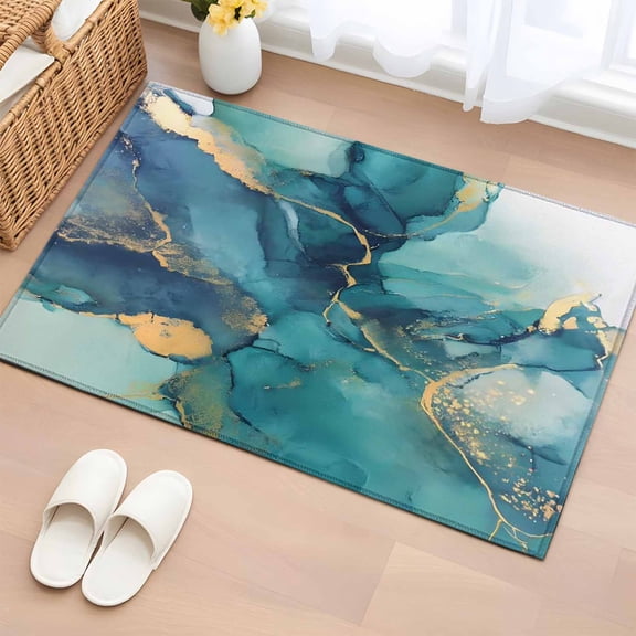 Entryway Rug 2'x3', Teal Blue Marble Small Rug for Kitchen Bathroom Door Mat Indoor Entrance, Modern Abstract Texture Art Ombre Non-Slip Area Rugs Floor Mats Carpet Front Door Rugs