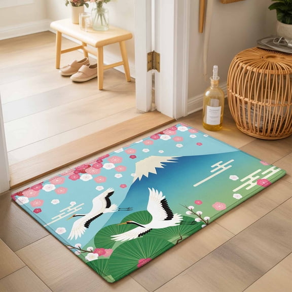 Entryway Rug 2'x3', Teal Blue Mountain Kitchen Runner Rugs Non-Slip Carpet Mats, Farmhouse Cherry Blossoms Cranes Bedside Rugs Runners Washable Floor Carpet for Bathroom Laundry Room